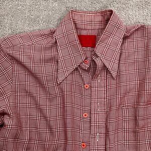 Vintage‎ Shirt Men M/L Red White Houndstoth Plaid Dagger Collar Classic 70s